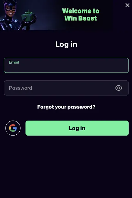 WinBeast login screen with email and password fields